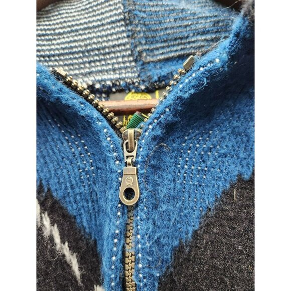 Handcrafted Blue Wool Blend Zip-Up Hoodie With Eagle Design Drawstring Hem - Picture 5 of 7